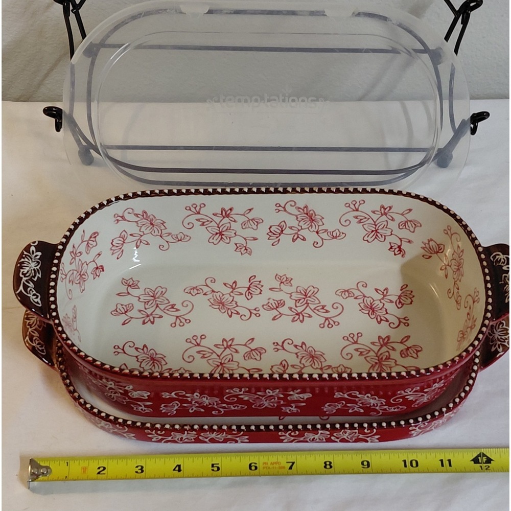 Temp-tations by Tara Floral Lace 2 Qt Baking Dish Set w Lid Tray Rack Red Floral - Picture 9 of 12